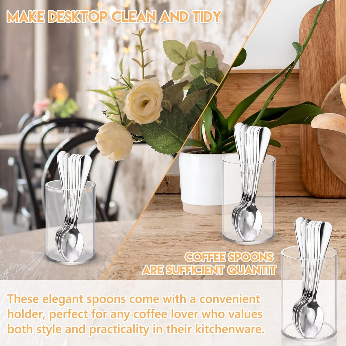 6 Pcs Mini Coffee Spoons with Holder 4.7 inch Demitasse Espresso Stainless Steel Spoons Silver with Acrylic Cylinder Holder for Coffee Bar Home Tea