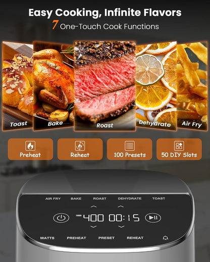 Nuwave Brio Plus Air Fryer 8 Qt, New & Improved, PFAS-FREE, 7 Digital One-Touch Cook Functions that AIR FRY, BAKE, ROAST, DEHYDRATE, TOAST, REHEAT, PREHEAT, 150 Presets, 50°F~400°F (Cool Gray)
