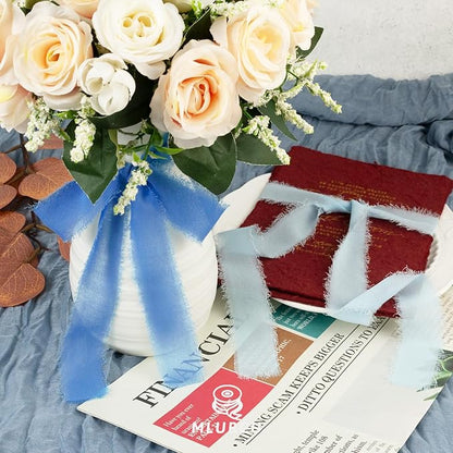 Blue Chiffon Ribbon 1 Inch x 21Yds Handmade Fringe Chiffon Silk Ribbon Blue & Cream Frayed Chiffon Ribbon for Baby Shower Wedding Invitation Flower Bouquets Gift Wrapping