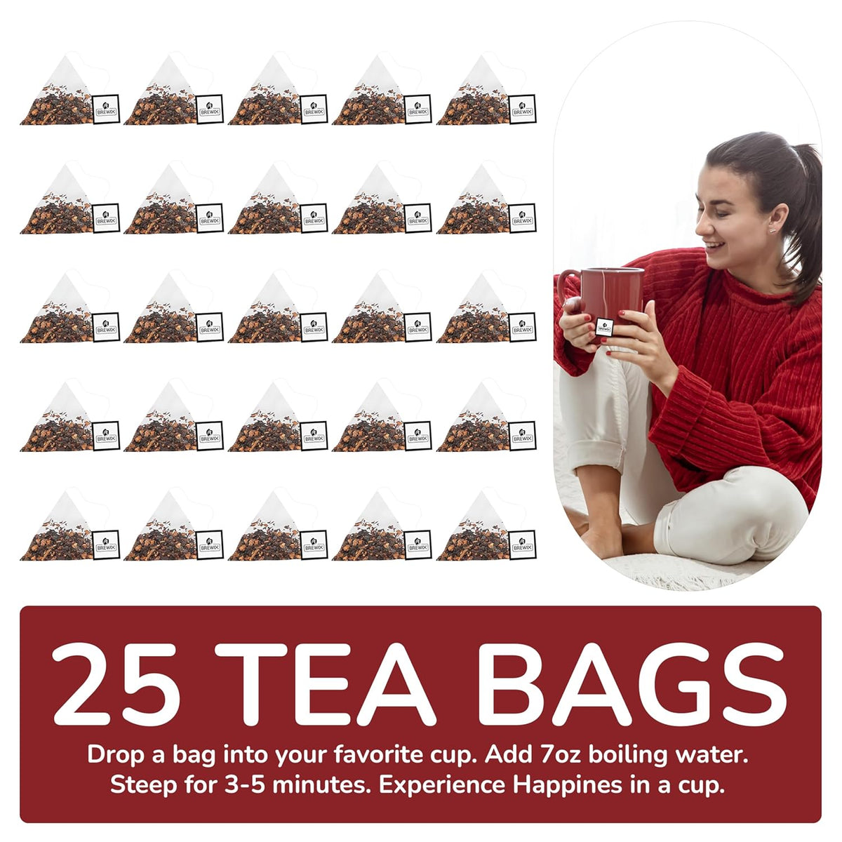Brewix, Sour Apple Hibiscus Tea Bags (25 Pyramid Tea Bags) Caffeine-Free Herbal Tea, Apple, Hibiscus, Rosehip, Refreshing Wellness Brew for Any Mood