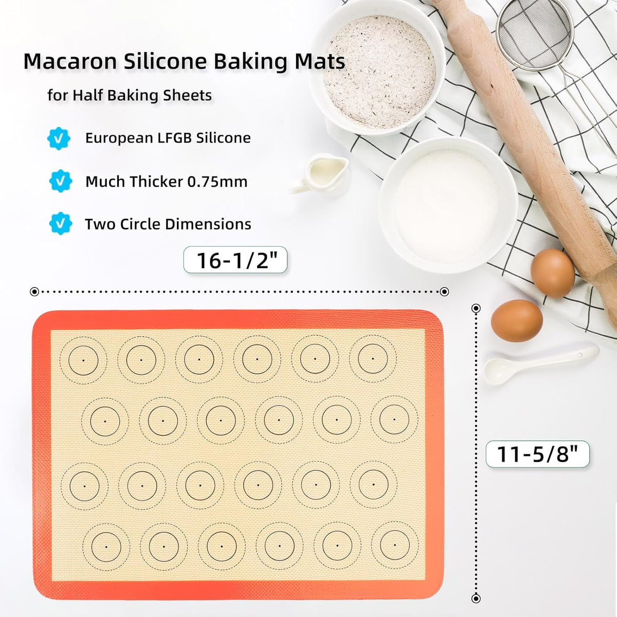 Amyone Macaron Silicone Baking Mat, 2 PCS Half Sheet Silicone Mats for Baking, Non-Stick Silicone Cookie Sheet Liners for 13 x 18 Sheet Pan for