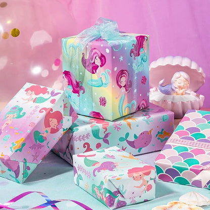 WRAPAHOLIC Mermaid Wrapping Paper Roll - 3 Short Roll - Birthday Wrapping Paper for Kids Girls Birthday, Mermaid Party, Baby Shower - 17 Inch x 120 Inch Per roll