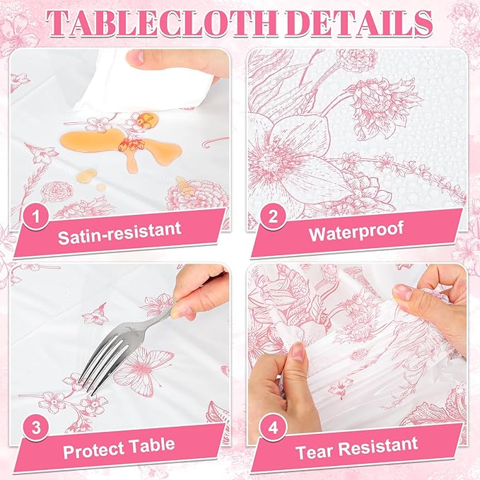 3 Pcs Pink Floral Plastic Tablecloths, 54 X 108Inch Tea Party Tablecloth Disposable Wedding Table Cloth Pink and White Porcelain Tables Decor for Garden Wedding Tea Party Birthday Baby Bridal Shower