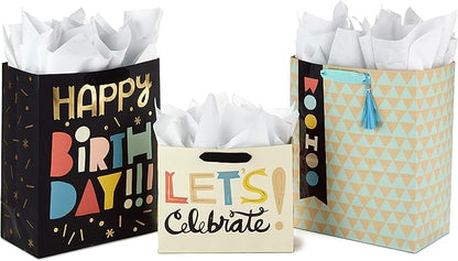 Hallmark Celebrate Gift Bags Assortment with Tissue Paper (Pack of 3: 2 Large 13" and 1 Medium 7" Gift Bags for Birthdays, Baby Showers and More)
