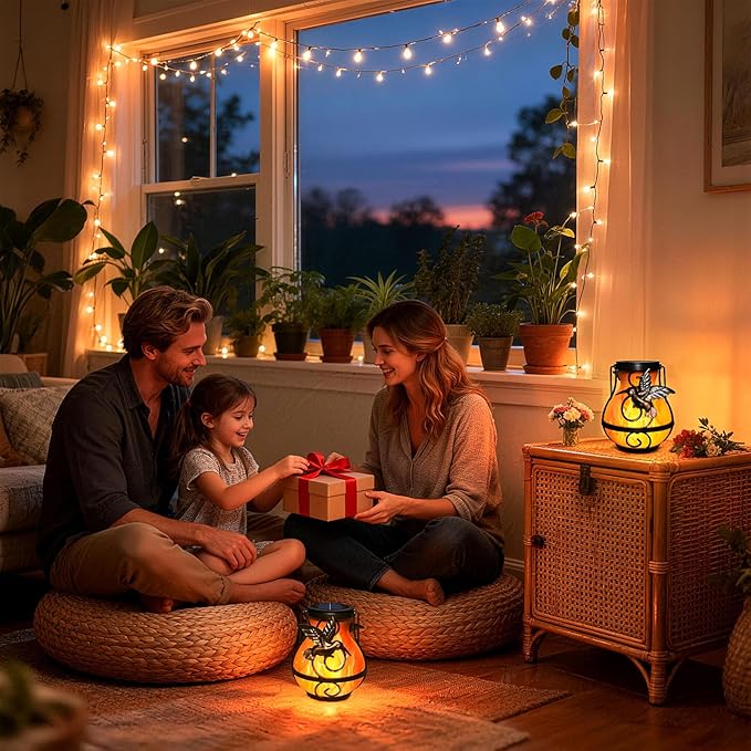 2 Pack Solar Lanterns Outdoor Waterproof Flickering Flame Light Hummingbird Hanging Solar Powered Lantern for Yard Patio Porch Outdoor Garden Decor Women Friend Teachers Appreciation Gifts