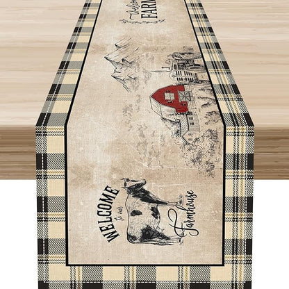 Farmhouse Table Runner, Rustic Country Barn Cottage Rooster Cow Check Animal Coffee Table Center Decor for Home Kitchen Dining Patio Holiday Party Indoor Outdoor Table Decorations 13"x90"
