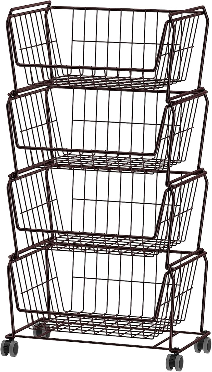 PUSDON 4-Tier Spacious Stackable Wire Storage Baskets with Wheels, Metal Rolling Utility Cart, Produce Basket for Pantry, Bathroom Organizer Shelf, Vintage Bronze