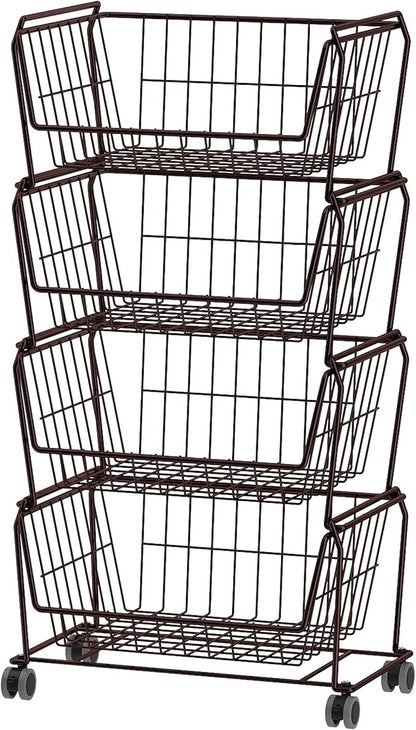 PUSDON 4-Tier Spacious Stackable Wire Storage Baskets with Wheels, Metal Rolling Utility Cart, Produce Basket for Pantry, Bathroom Organizer Shelf, Vintage Bronze