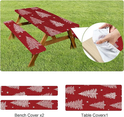 ANNA QUEEN 6FT Red Christmas Tree Picnic Table Cover Set 3PCS 72"x30", Waterproof Outdoor Bench and Tablecloth Furniture Protection for Camping Beach BBQ Patio Backyard
