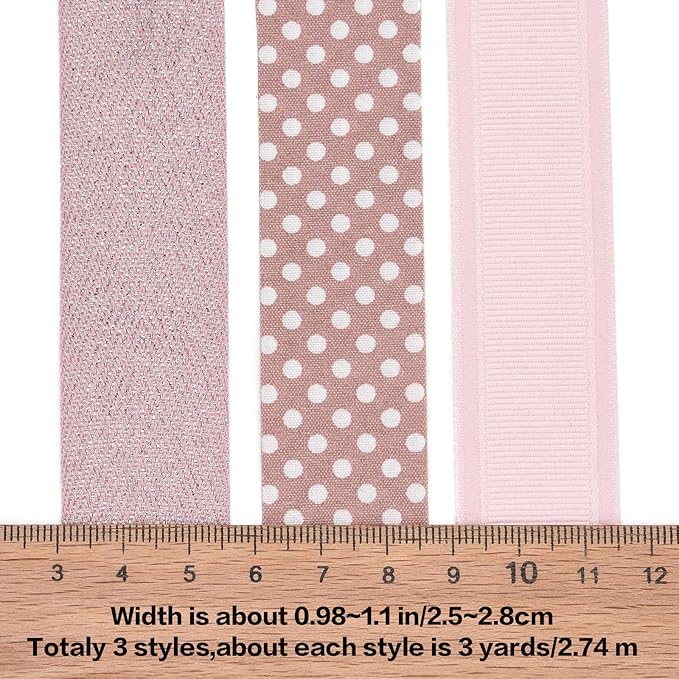 BEEFLYING 3 Styles Pink Wire Edged Ribbons for Gift Wrapping Decoration 25~28mm×2.7m Herringbone Ribbon Spot Ribbon for Wedding Party Decoration Hair Bows Flower Designs Sewing and Craft, 9 Yards