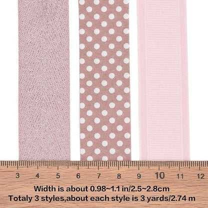 BEEFLYING 3 Styles Pink Wire Edged Ribbons for Gift Wrapping Decoration 25~28mm×2.7m Herringbone Ribbon Spot Ribbon for Wedding Party Decoration Hair Bows Flower Designs Sewing and Craft, 9 Yards