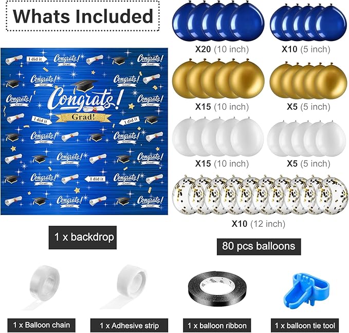 Graduation Party Decorations Including Congrats Grad Photography Backdrop Banner Balloons Garland Arch Kit for Adults Kids Grad Party Decoration Supplies (Navy Blue and Gold)