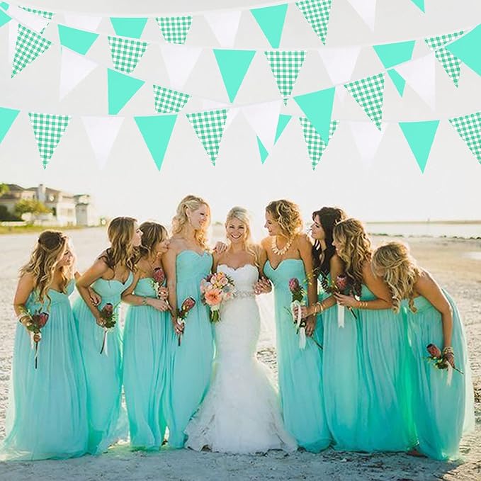 32Ft Aqua Green Plaid Checkered Party Banners Gingham Triangle Pennant Flag Bunting Fabric Garland Streamers for Wedding Birthday Picnic BBQ Bridal Baby Shower Outdoor Garden Festivals Decoration