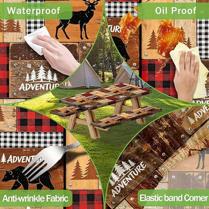 JAWO Rustic Cabin Style Picnic Table Cover with Bench Covers, Elastic Fitted Tablecloth, Lumberjack Buffalo Plaid & Bear Deer Adventure Pattern for Camping, Hunting Trips, 96x30 Inch