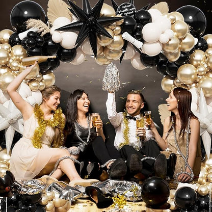 Black And Gold Balloon Arch Kit,Sand White Chrome Gold Balloons with Exploding Star Foil Balloons for New Year Decorations Graduation Retirement Adult Birthday Party Wedding Decor