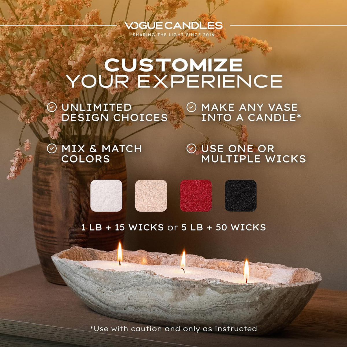 Vogue Candles 5LB Candle Sand with 50 Wicks | Bulk Refillable Plant-Based Granules for Custom Candle Making | Unscented, Clean Burn, Smoke-Free, Vegan Candle Refill Kit- Nude