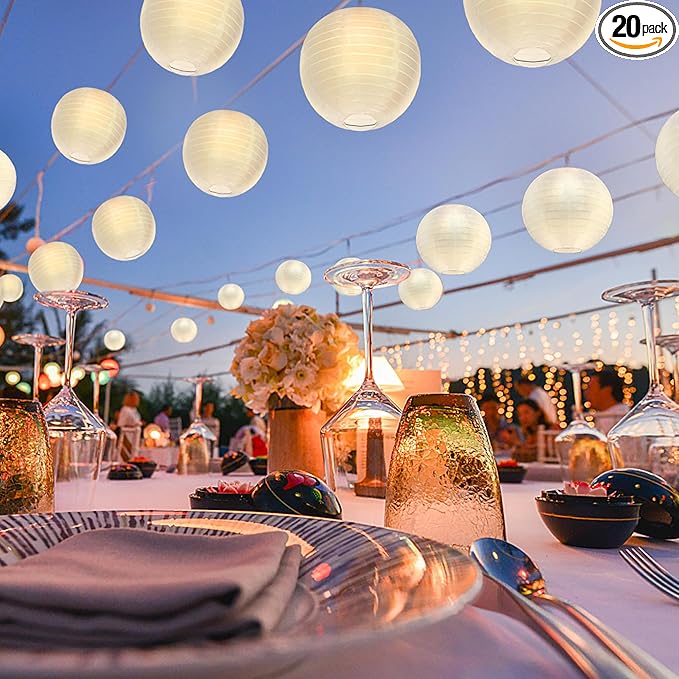KNONEW 20 Pack 10" White Silk Outdoor Lanterns Decorative Party Hanging Chinese Japanese Waterprooof Round Lantern for Weddings, Birthdays, Parties Decoration (No Light Bulbs Included)