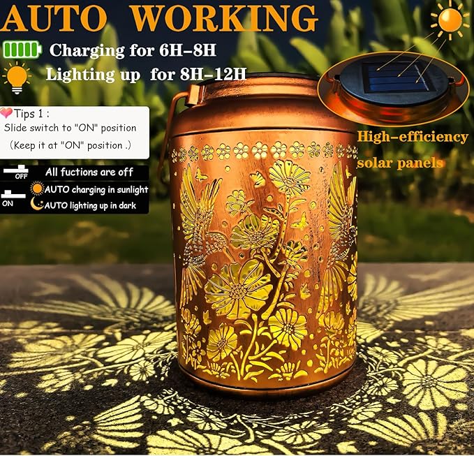 Merrytech Solar Lanterns Outdoor Waterproof,Hummingbird & Gesang Flower Lights,Metal Hanging Garden Decor Outside,Yard Art Decorations for Patio,Pathway,Gardening Birthday Gifts for Mom,Women,Grandma
