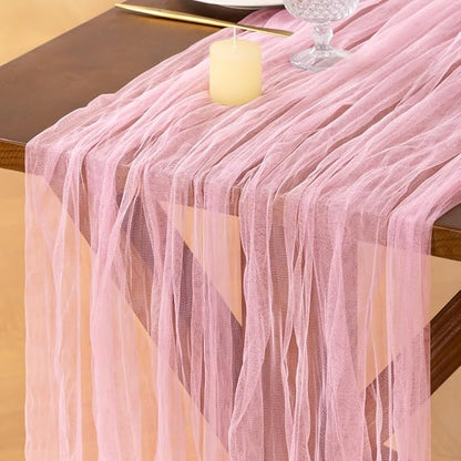 Socomi Pink Cheesecloth Table Runner Tulle Gauze Cheese clothBoho Rustic 120 inch 10FT Runner for Wedding Party Baby Shower Birthday Holiday Decorations 1pc