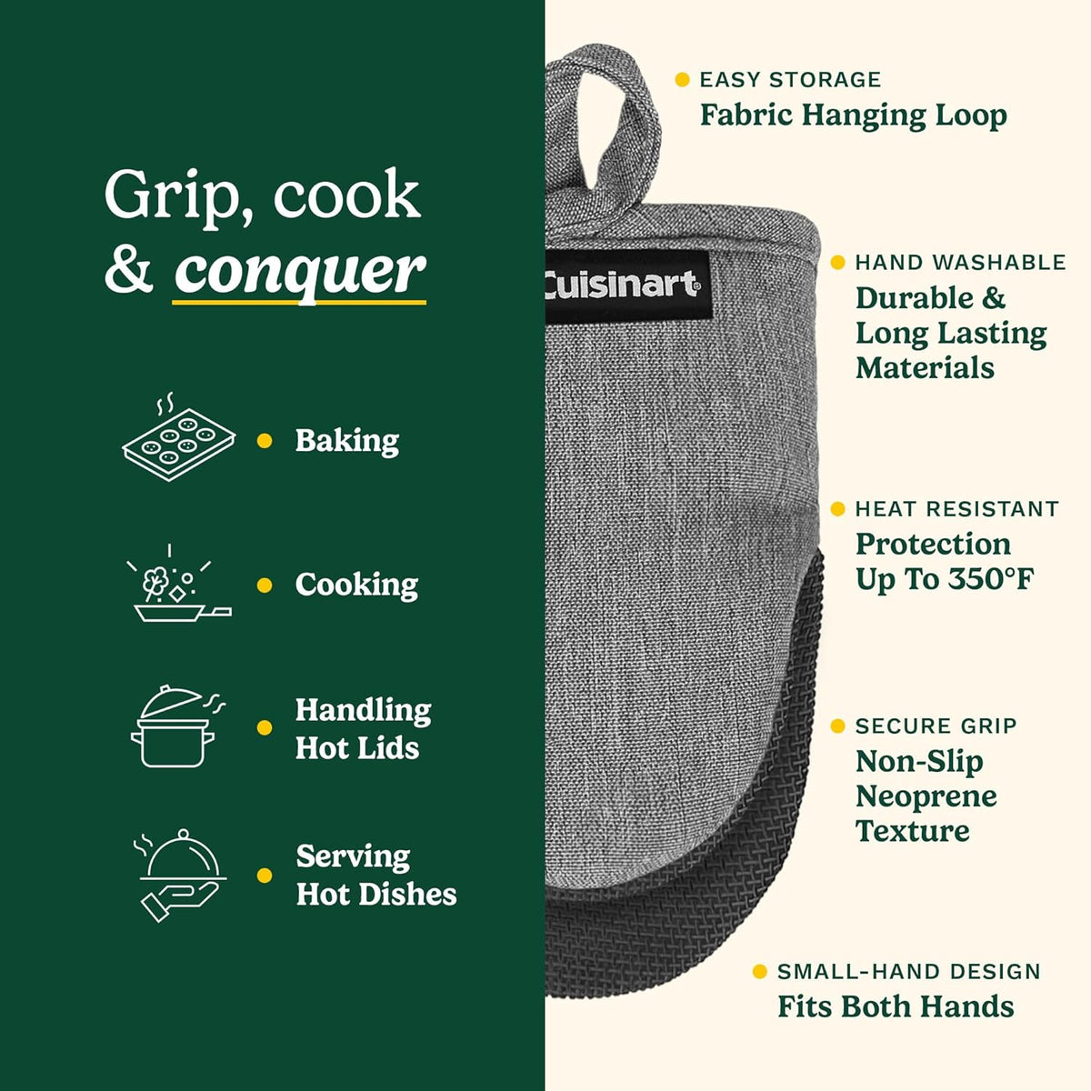 Cuisinart Mini Oven Mitts – 5.5” x 7” Heat-Resistant Kitchen Mitts for Oven with Non-Slip Neoprene Palm, Cotton Filling, and Fabric Loop