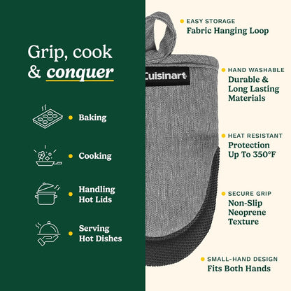 Cuisinart Mini Oven Mitts – 5.5” x 7” Heat-Resistant Kitchen Mitts for Oven with Non-Slip Neoprene Palm, Cotton Filling, and Fabric Loop