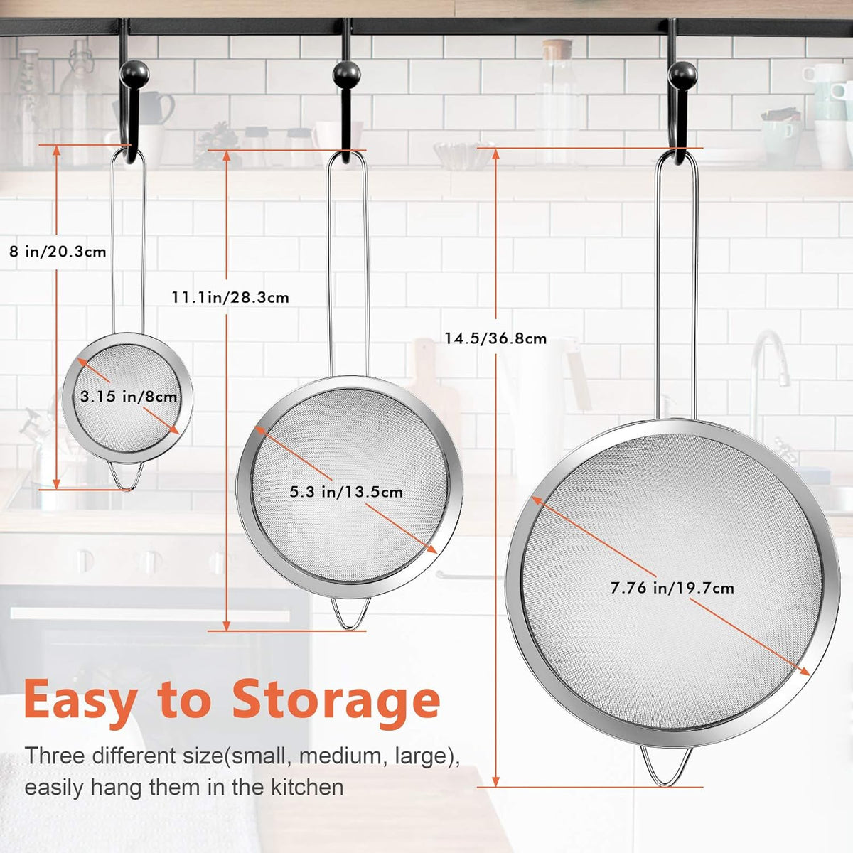 3Pcs Super Wire Extra Fine Mesh Strainer with Handle, Small Medium Large Size Sifter Metal Strainer Set