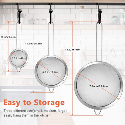 3Pcs Super Wire Extra Fine Mesh Strainer with Handle, Small Medium Large Size Sifter Metal Strainer Set