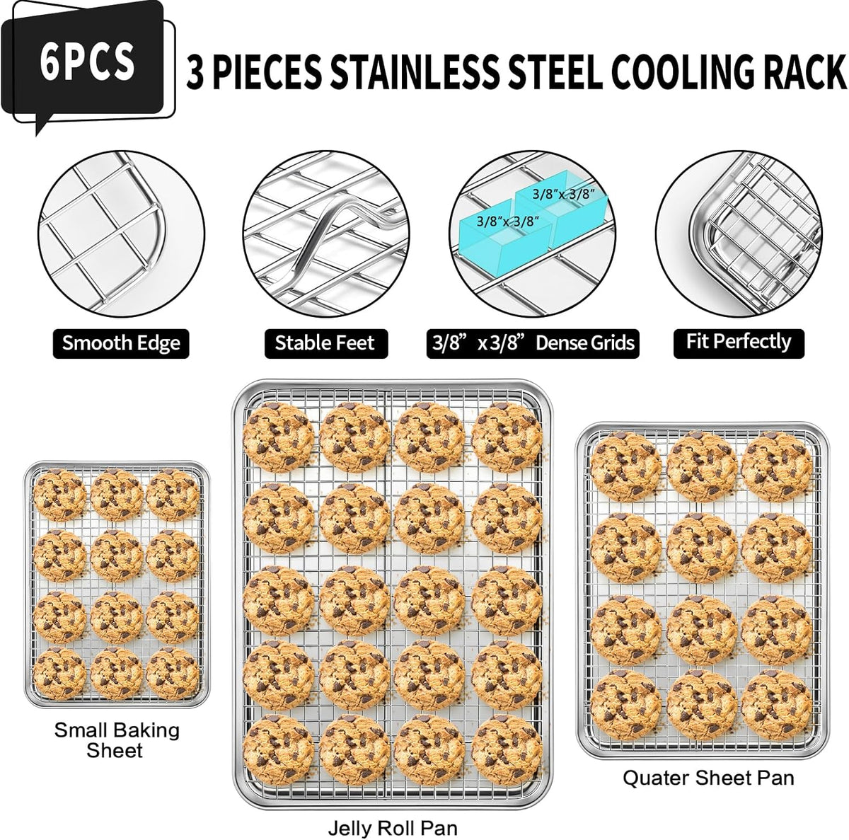 Cekee Baking Sheet with Wire Rack Set of 6 (3 Cookie Sheets for baking + 3 Cooking Racks)