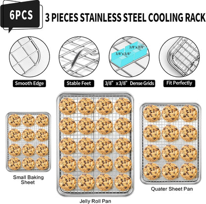 Cekee Baking Sheet with Wire Rack Set of 6 (3 Cookie Sheets for baking + 3 Cooking Racks)