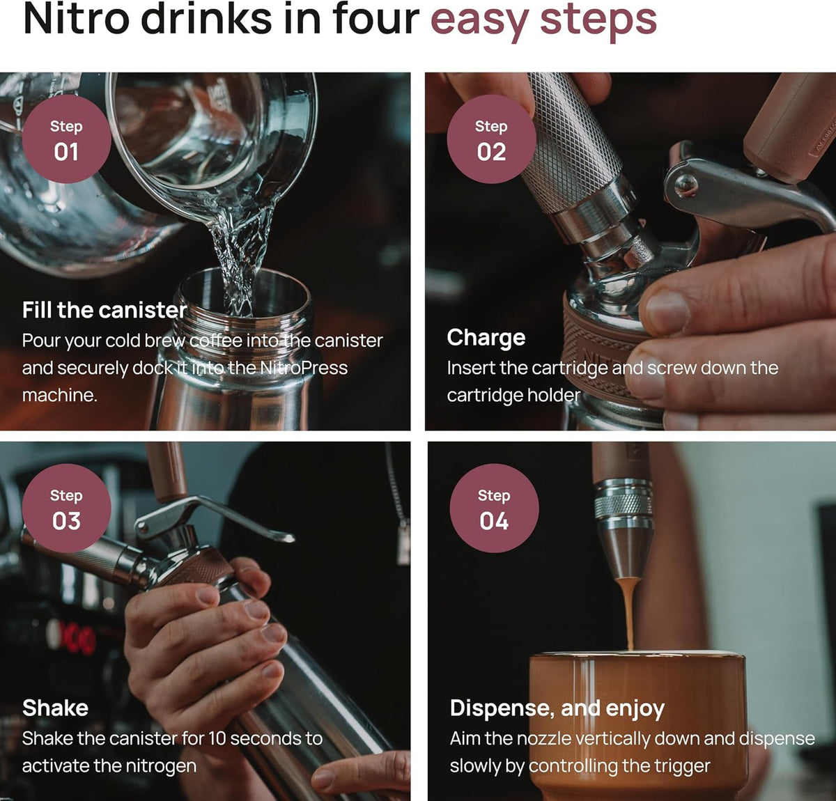 10 PCS NitroPress Nitrogen Coffee Chargers – Pure N2 Cartridges for Nitro Cold Brew Coffee Maker, Cocktails, Tea, and Beer