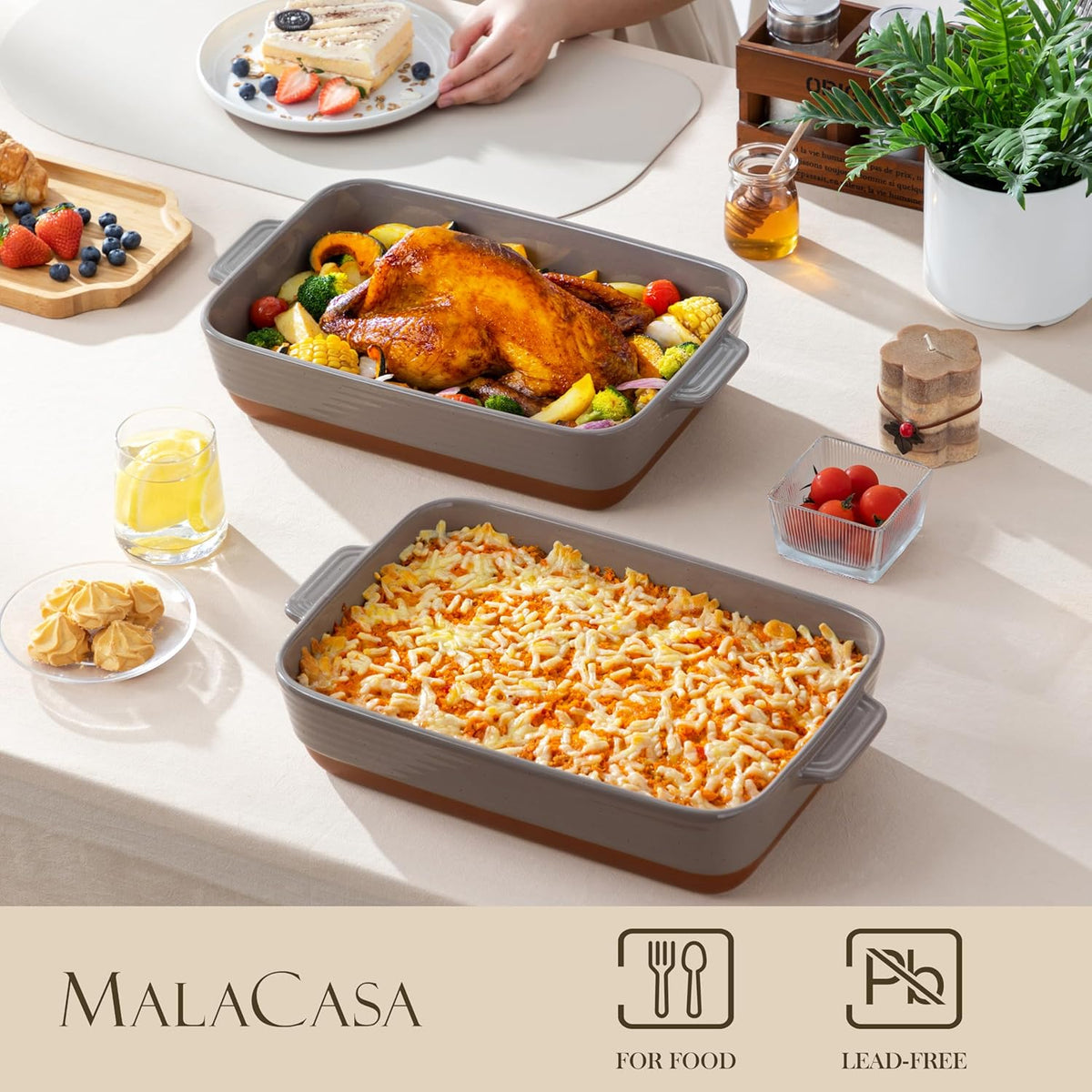MALACASA 4.8 Qt Lasagne Dishes for Oven, 9 x 13 Inches Brown Ceramic Oven Dish with Handles, Deep Rectangular Baking Dish Casserole Dishes, Lasagna Pan Bakeware for Roasting, Series TARA