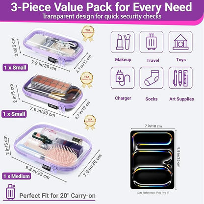 YQBRAO 3-Pack Clear Hard Shell Zipper Case - Purple Edition, 1.2mm Heavy-Duty Crush-Proof Travel Makeup Bag, TSA Approved Clear Zipper Pouches, Rigid Diaper Bag Organizer for Tech & Daily Essentials