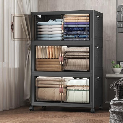 UAMFURI Extra Large Stackable Storage Bins with Lids & Wheels, 504QT-168QT/42GAL*3Pack Foldable Collapsible Closet Organizers Storage Cabinet with Doors for Bedroom Dorm