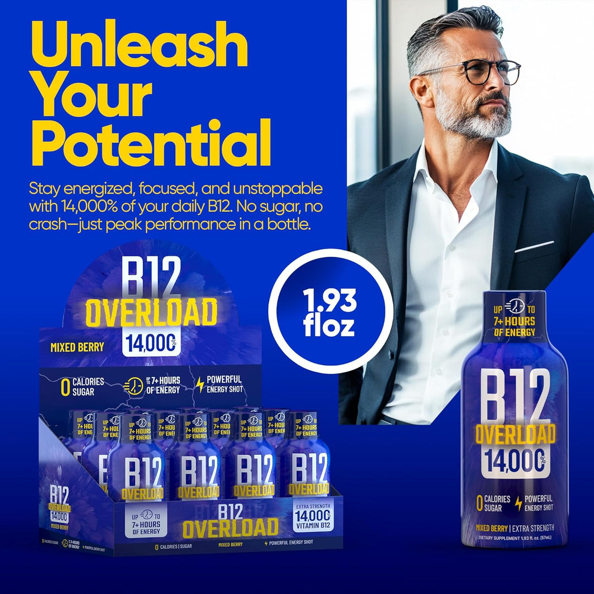B12 Overload Extra Strength Energy Shot – Mixed Berry – 260mg Caffeine, 14000% B12, Electrolytes – Energy & Vitality Support