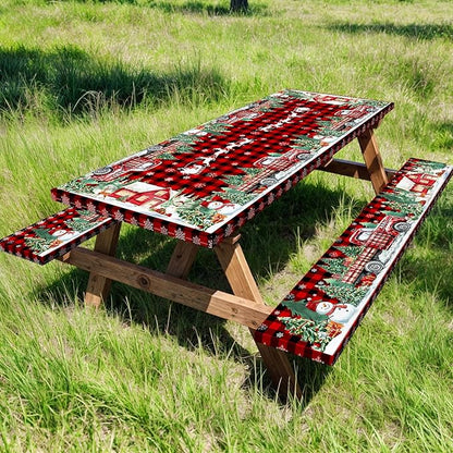 Christmas Picnic Table Cover with Bench Covers and Bag, Camping Essentials, Red Plaid Xmas Waterproof Windproof, Fitted Tablecloth Cover with Elastic Edge, for Indoor & Outdoor, 3 PCS, 30x72 Inch