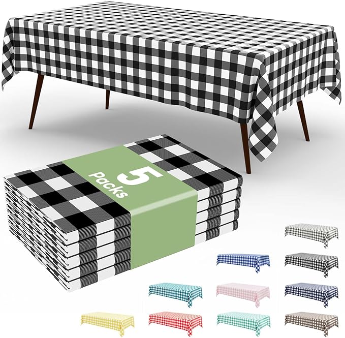 Smiry 5 Pack Black Gingham Disposable Tablecloths - 54" x 108" Heavy Duty Plastic Table Cloth, Waterproof Buffalo Plaid Table Covers for Picnic, Banquets, Outdoor Parties