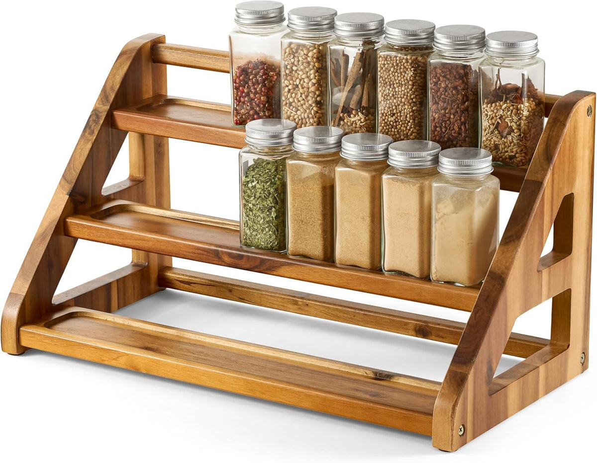 Tinamo Acacia Wood Spice Rack for Countertop - Wooden Tray Holds 24 Jars Spice Racks Organizer for Storage Shelf - 3 Tiered Spice Rack Organizer for Cabinet - Spice Shelf for Kitchen Pantry (Acacia)