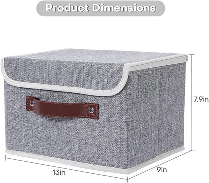 ANMINY Storage Bin with Lid Storage Boxes with PU Leather Handles PP Plastic Board Decorative Foldable Lidded Cotton Linen Fabric Home Cubes Baskets Closet Organizer Container - Gray, Medium