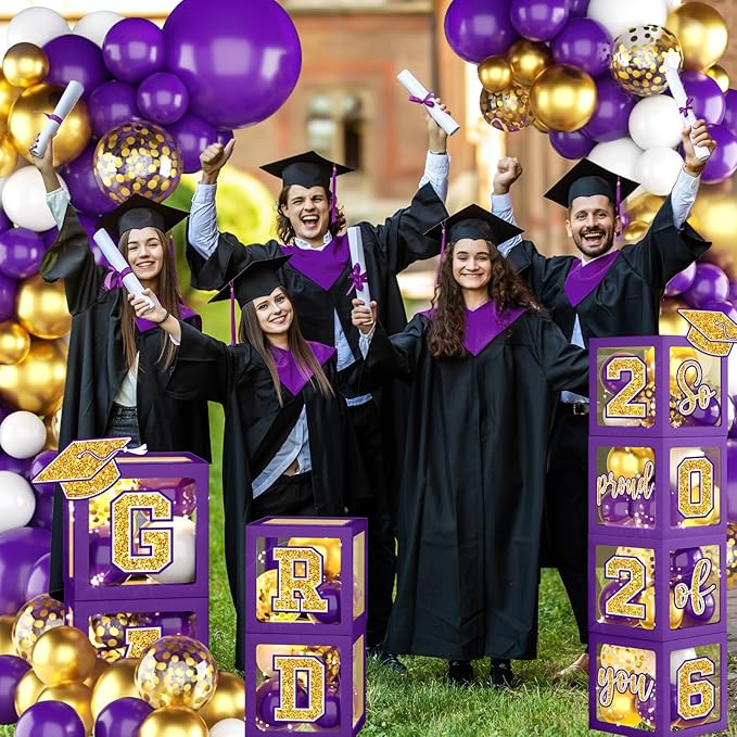 Graduation Decorations Class of 2026, Purple and Gold Graduation Decorations 2026, Purple Boxes Balloon Arch with Letters So Proud of You Grad 2026 for Memorable College Graduation Party Supplies