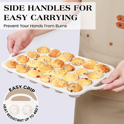 2 Pcs Silicone Mini Muffin Pan With Metal Frame, 24 Cups Nonstick Cupcake Tray for Baking, Small Muffin Molds with Handles (Cream)