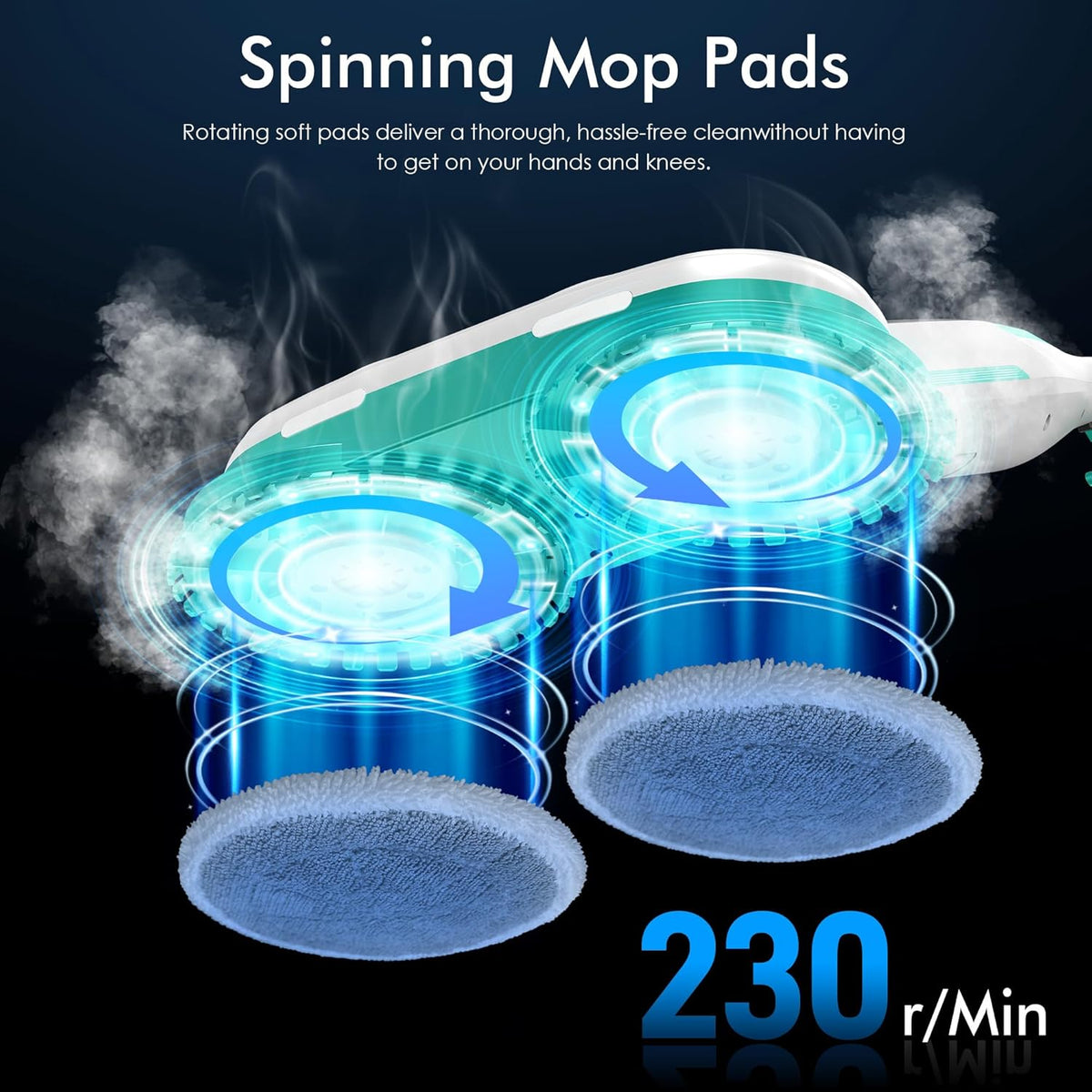 Scrubbing Steam Mop with Rotating Mop Pads, All-in-One Hard Floor Cleaner with LED Headlights, Steam & Spin Control, 6 Soft Scrub Pads, Swivel Steering, FS07