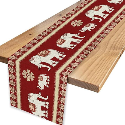 African Tribe Table Runner, Boho Red Elephants Tribal Traditional Diwali India Animal Ethnic Folk Rustic Coffee Table Center Decor for Home Kitchen Holiday Party Outdoor Table Decorations, 13"x90"
