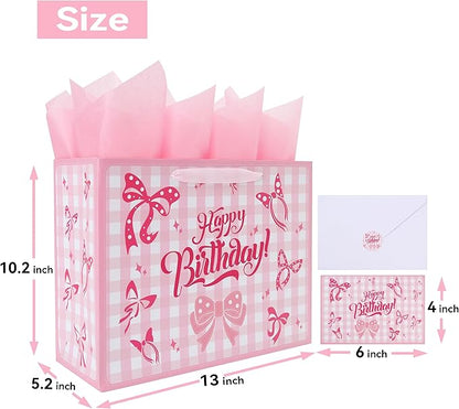 Qirrmiy 13'' Large Birthday Gift Bag Set with Handles, Greeting Card, Purple Tissue Papers and Stickers for Girls Women Kids Teens for Birthday Party, girl's Party, Baby, Bow Design, 1 Pcs