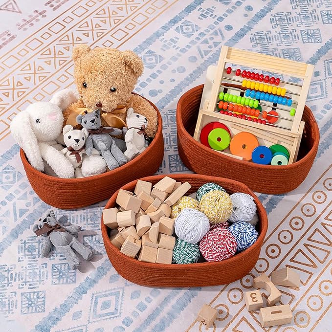 CubesLand Small Baskets, Storage Baskets for Organizing Shelves, 3 Packs Rectangular Woven Storage Baskets Natural Cotton Rope Storage Bins Closet Baby Nursery Baskets Empty Gifts Baskets Brick Red