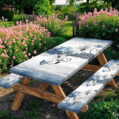 Rustic Farmhouse Blue Flower Picnic Table Cover with Bench Covers, Waterproof Blue Daisy Floral Flowers Butterfly on Country Wooden for Camping Indoor Outdoor Party Decorations, 30X72in