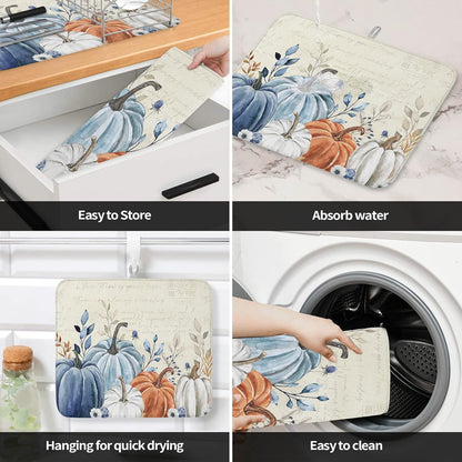 Fall Dish Drying Mat for Kitchen Counter Blue Pumpkin Drying Pad Absorbent Drying Mats for Countertops Sinks Draining Racks Floral Leaves Drainer