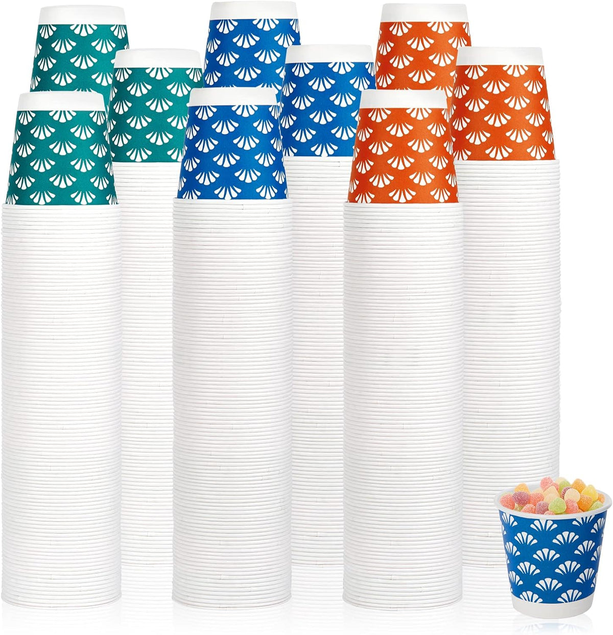 JollyPack 1200 Pack 3 oz Disposable Bathroom Paper Cups, Small Mouthwash Cups in Orange, Blue, and Green, Great for Candy, Biscuits, Bathroom Use