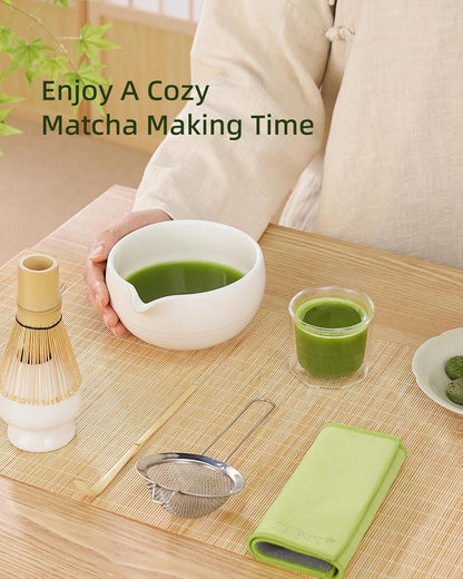Zens Matcha Whisk Set, 6pcs Matcha Kit Set Includes Ceramic Bowl and Bamboo Whisk & (Chasen Holder), Sifter, Scoop -Tea Towel