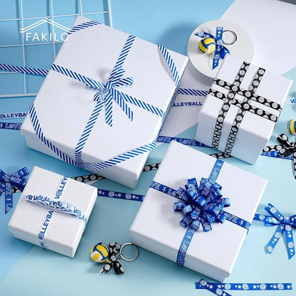 Volleyball Ribbons 5 Rolls 25 Yards, 3/8" Blue Grosgrain Cute Sports Volleyball Ribbons for Gift Wrapping Making Hair Bows Sports Theme Party Decor