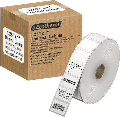 1.25" x 1" Thermal Labels | 6 Rolls | 14040 Labels | fits Zebra, Godex, Arkscan, iDPRT, Offnova Thermal Label Printers and More | Blank White Adhesive Stickers by Ecotherm